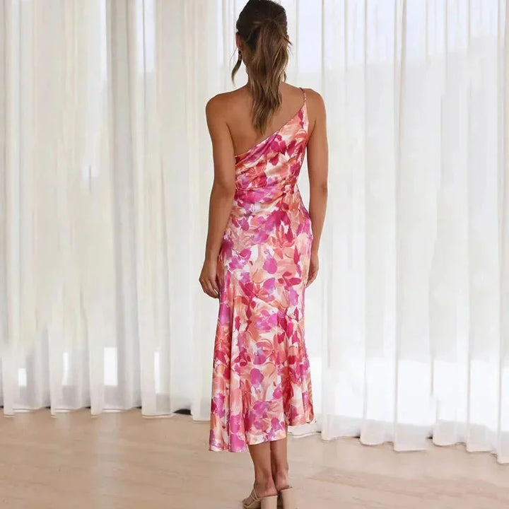 Damen Midikleid asymmetrisch rosa mit floralem Muster – High-quality product image.