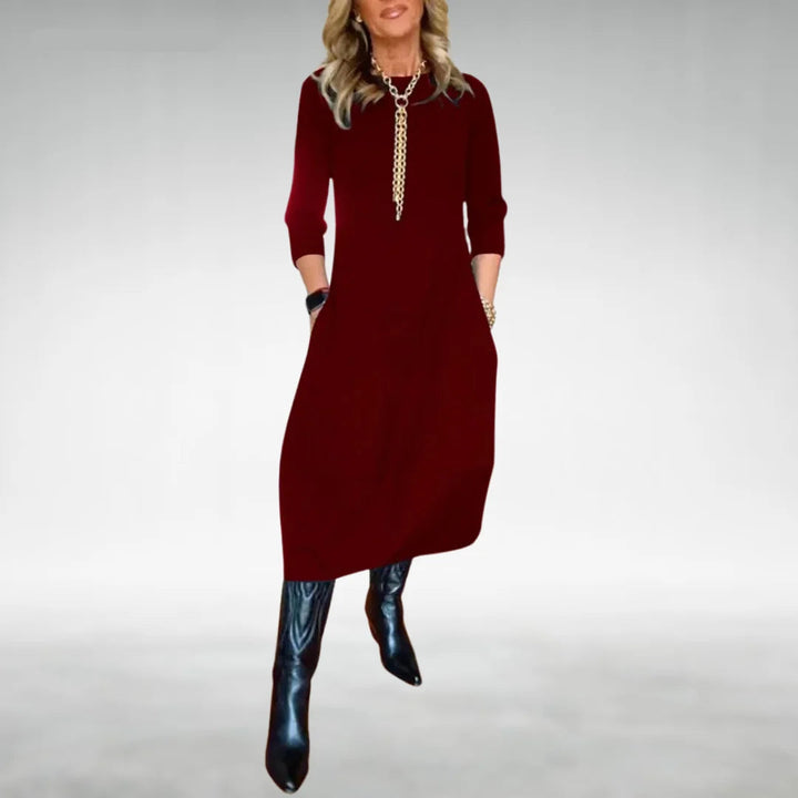 Damen Midikleid in Weinrot aus weichem Baumwollmix, mit Dreiviertelärmeln und praktischen Taschen für jeden Anlass.