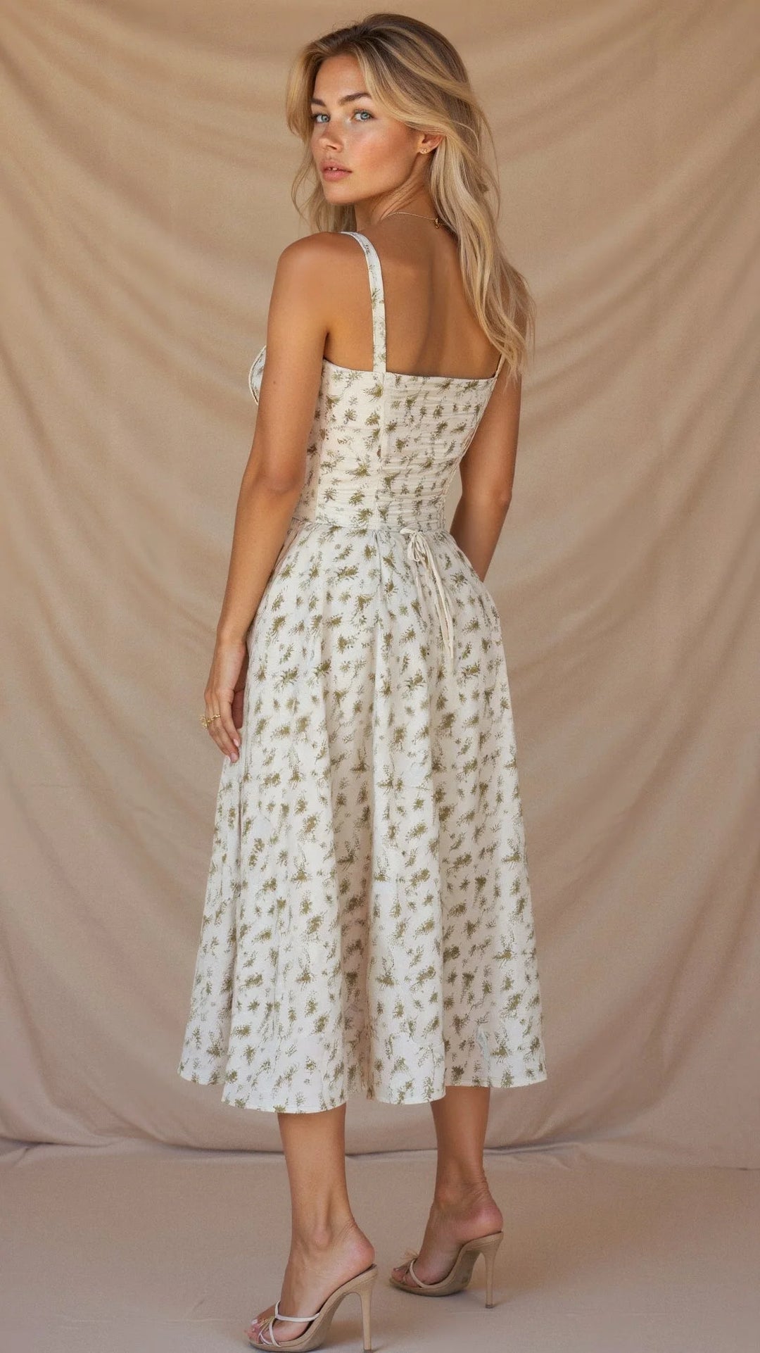 Schwarzes Damen Midikleid mit floraler Musterung und Schnürdetail, aus leichtem Stoff für den Sommer.