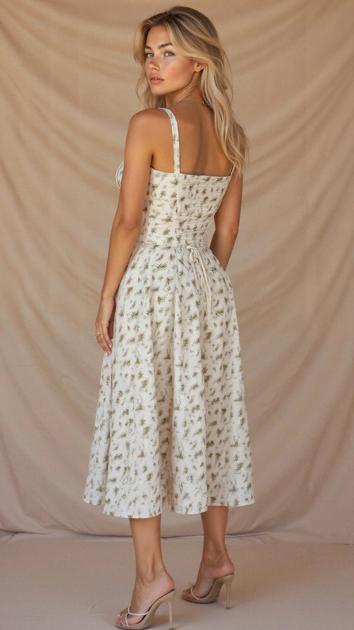Schwarzes Damen Midikleid mit floraler Musterung und Schnürdetail, aus leichtem Stoff für den Sommer.