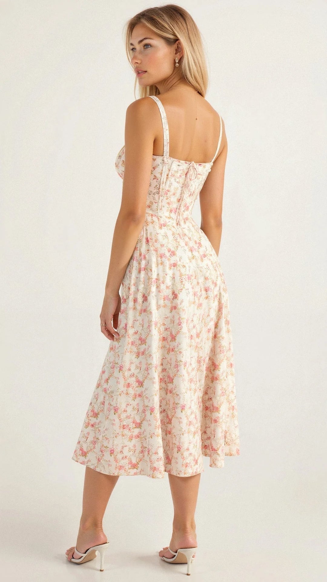 Damen Midikleid aus leichtem Stoff mit floralem Muster und Schnürdetail - perfekt für Sommerabende im Garten.
