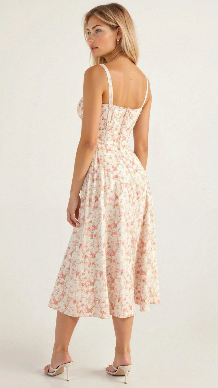 Damen Midikleid aus leichtem Stoff mit floralem Muster und Schnürdetail - perfekt für Sommerabende im Garten.