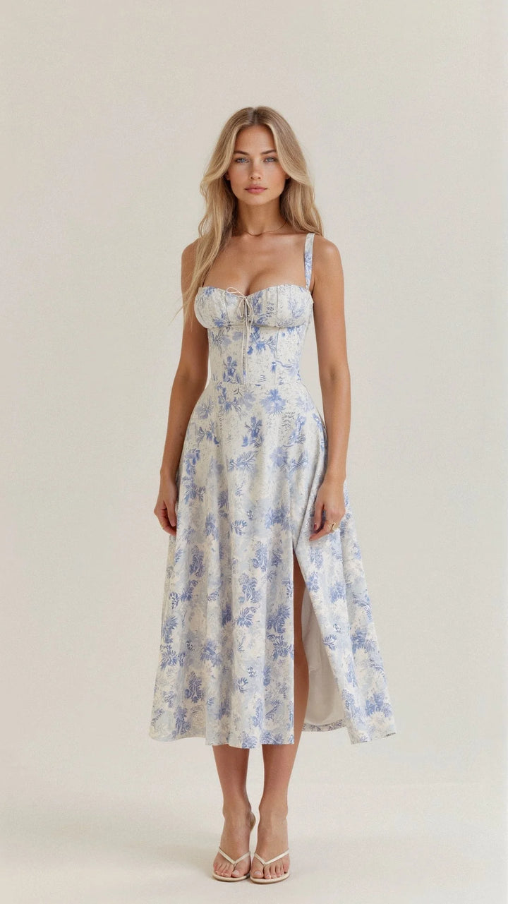 Blau Damen Midikleid mit floralem Muster, Schnürdetail, aus leichtem Stoff, perfekt für Sommer, eleganter Look.