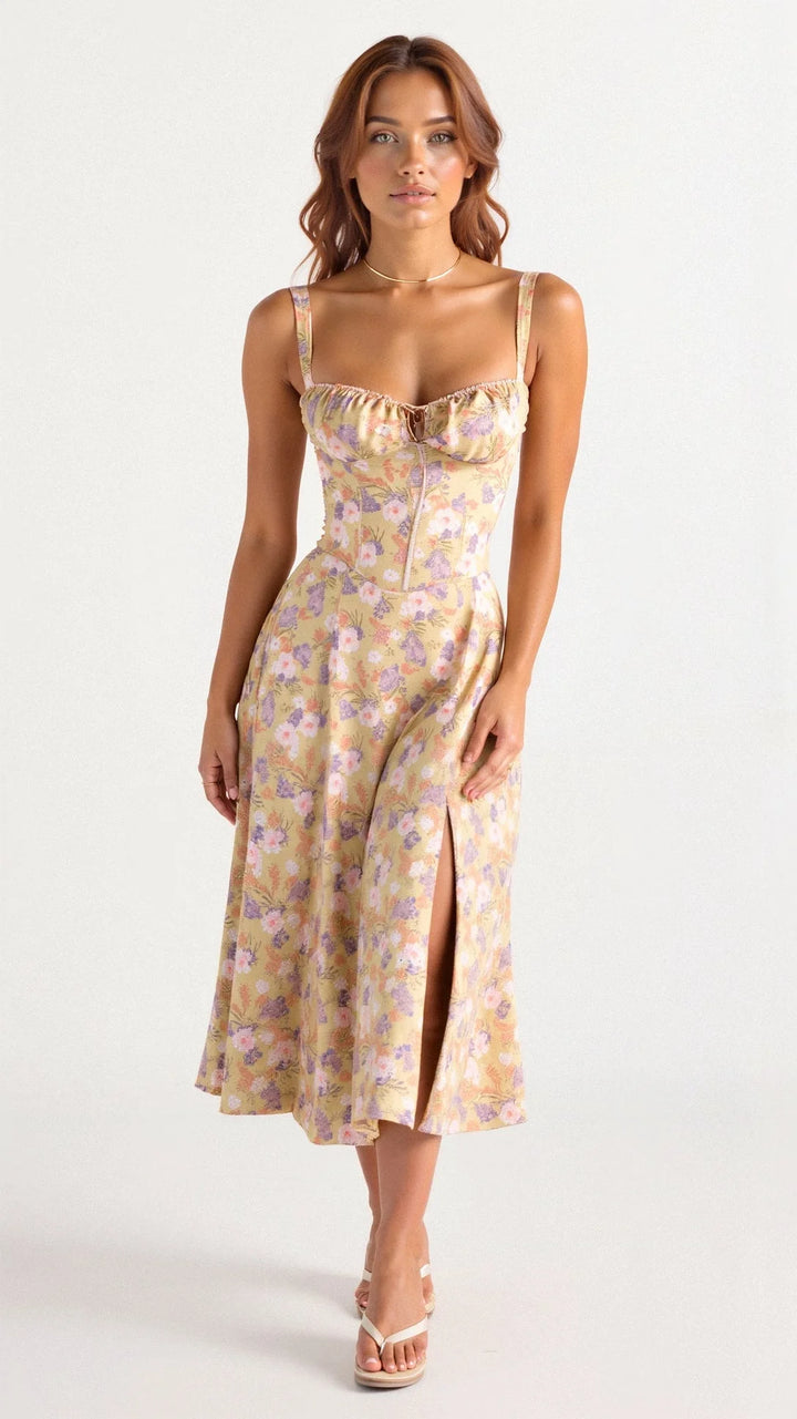 Gelbes Damen Midikleid mit floralem Muster und Schnürdetail, perfekt für den sommerlichen und femininen Look.