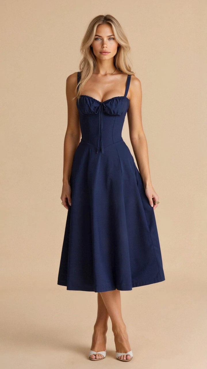 Marineblaues Damen Midikleid mit floraler Musterung und Schnürdetail aus weichem Stoff