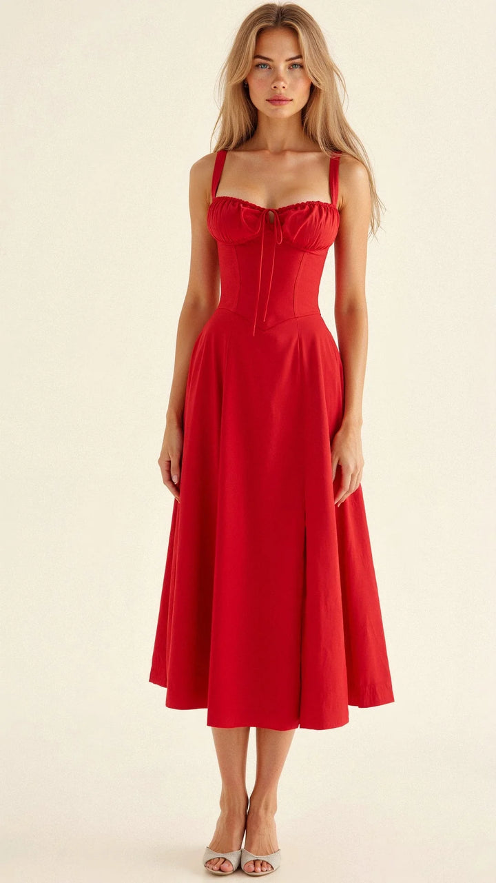 Rotes Midikleid für Damen mit floralem Muster und Schnürdetail, aus leichtem Stoff für sommerlichen Look.