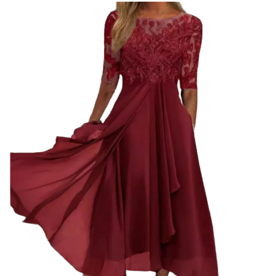 Damen Midi-Kleid in Burgunderrot mit Spitzenoberteil, 3/4 Ärmeln aus weichem Stoff - elegantes, zeitloses Design für jede…