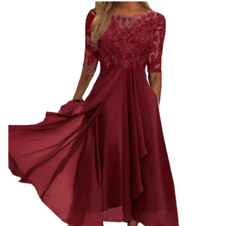 Damen Midi-Kleid in Burgunderrot mit Spitzenoberteil, 3/4 Ärmeln aus weichem Stoff - elegantes, zeitloses Design für jede…