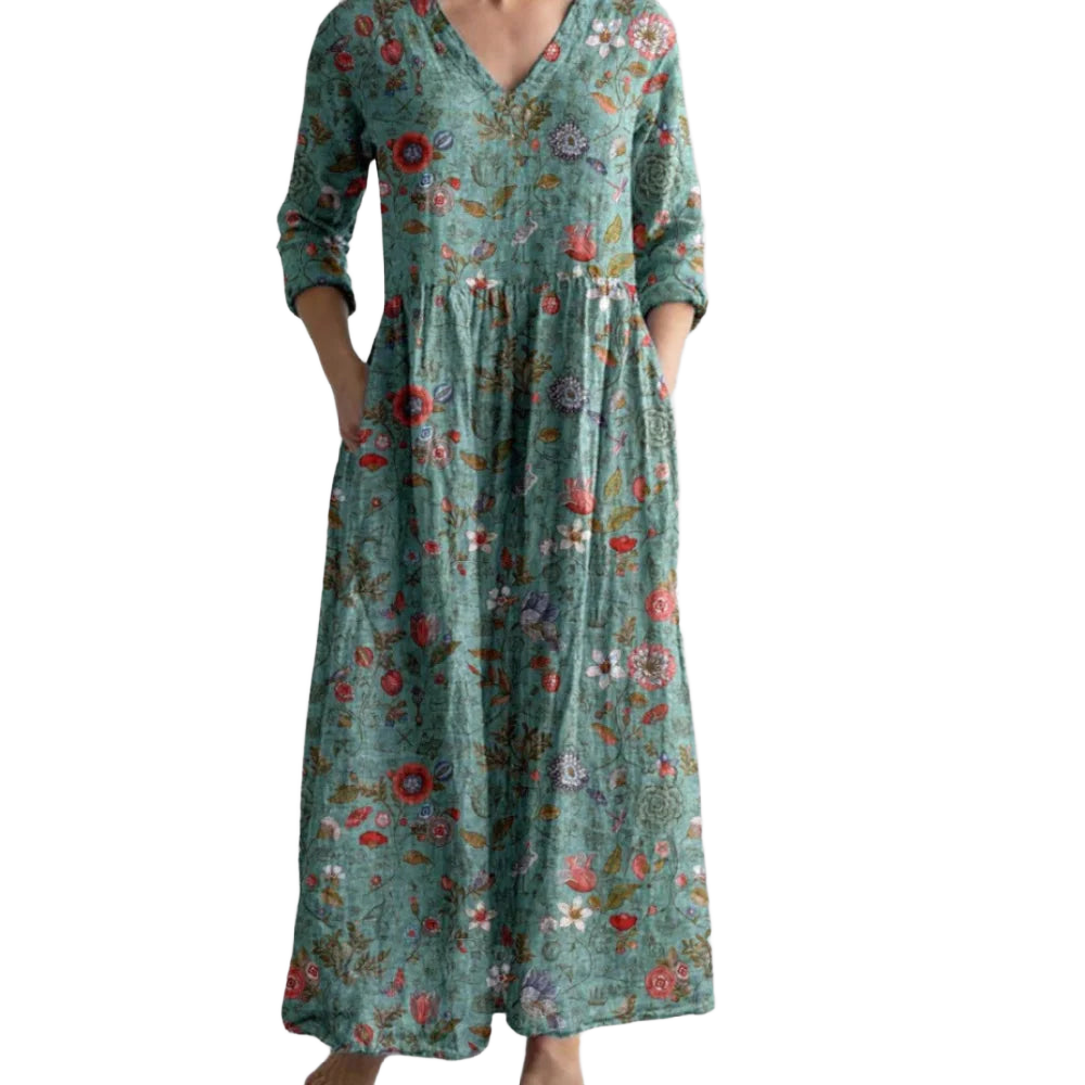Grünes Damen Maxikleid mit V-Ausschnitt, floral gemustert, aus leichtem Stoff, perfekt für den Sommer.