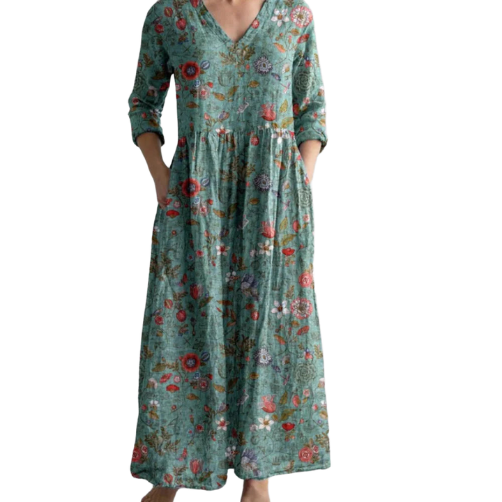 Grünes Damen Maxikleid mit V-Ausschnitt, floral gemustert, aus leichtem Stoff, perfekt für den Sommer.