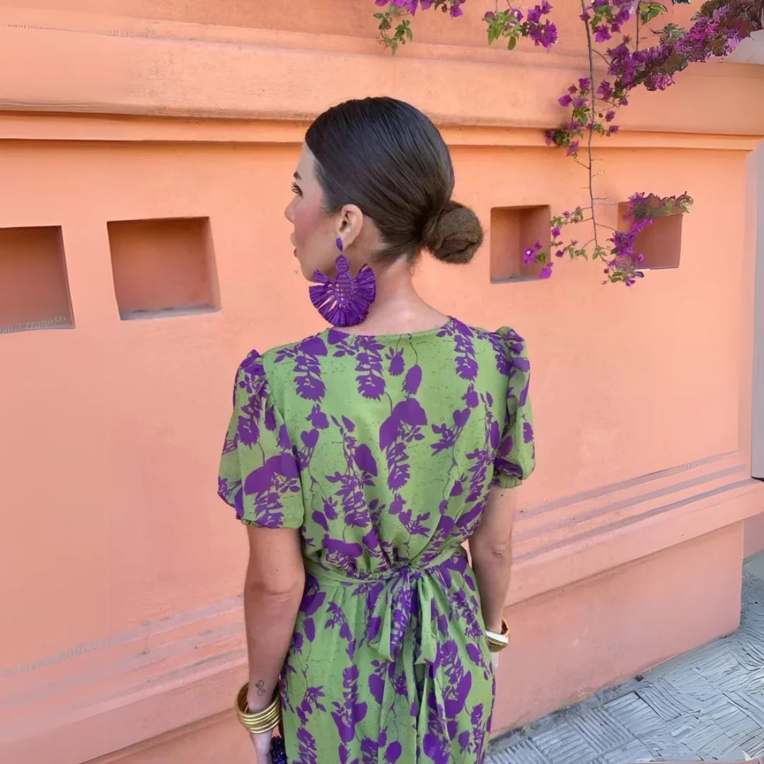 Damen Midikleid mit V-Ausschnitt und Blumenmuster