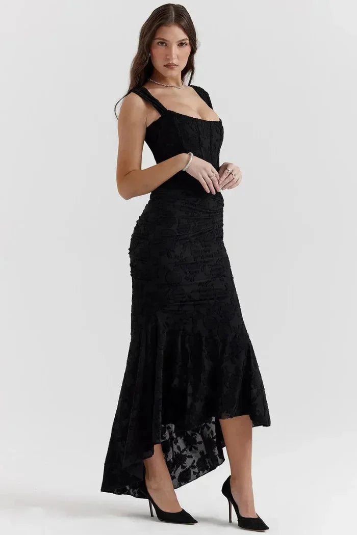 Damen Midikleid Ärmellos mit Blumenspitze und asymmetrischem Saum – High-quality product image.