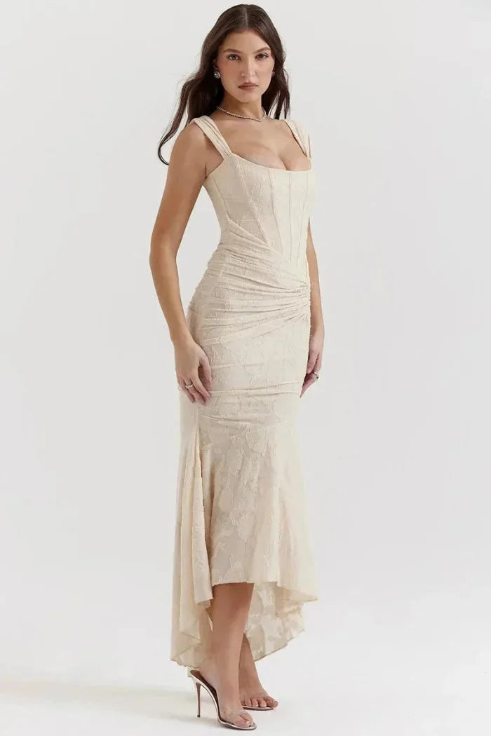 Damen Midikleid Ärmellos mit Blumenspitze und asymmetrischem Saum – High-quality product image.