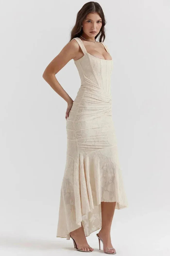 Damen Midikleid Ärmellos mit Blumenspitze und asymmetrischem Saum – High-quality product image.