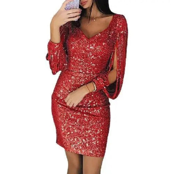 Rotes Damen Mini-Abendkleid aus glitzerndem Stoff mit V-Ausschnitt, perfekt für besondere Anlässe.