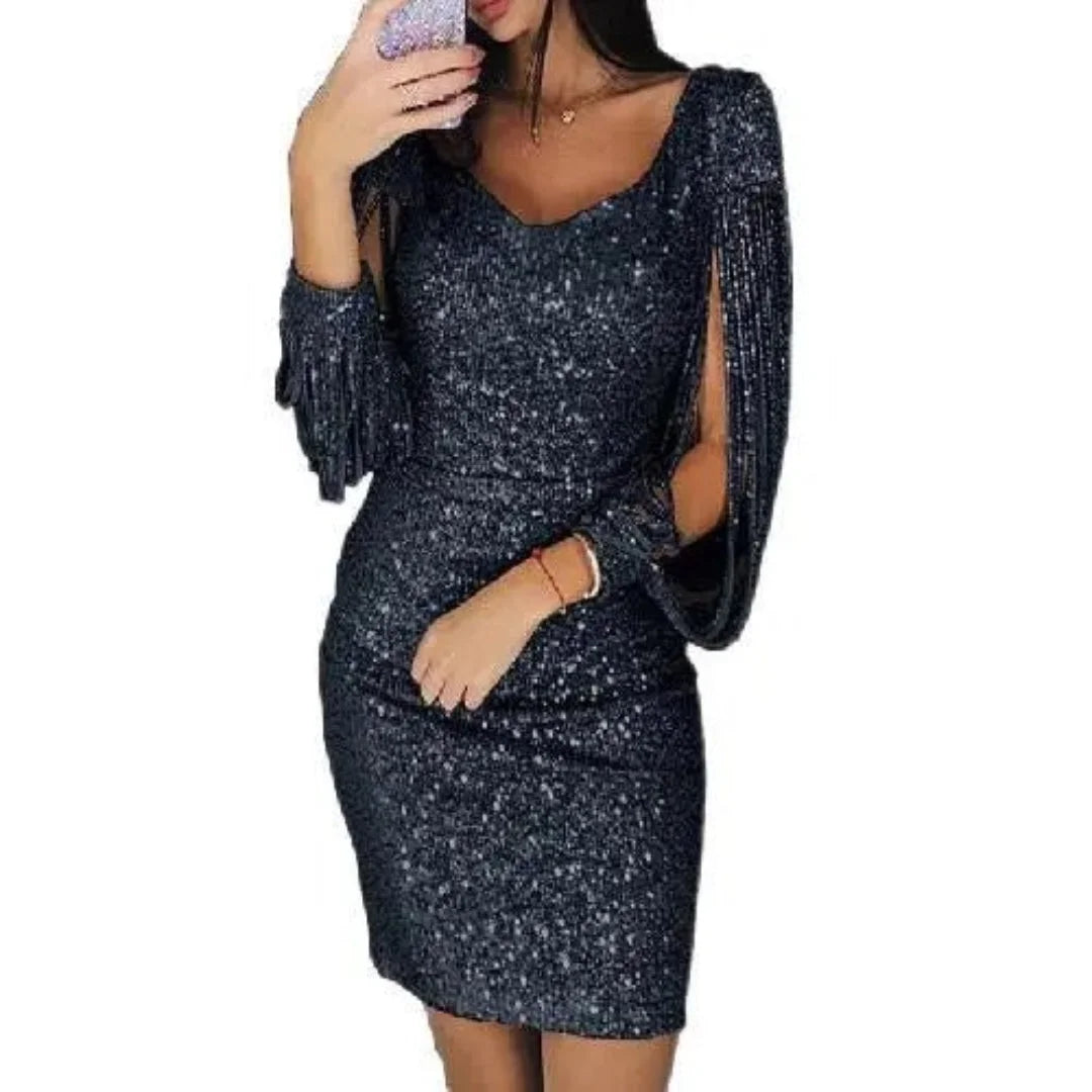 Schwarzes Mini-Abendkleid für Damen mit V-Ausschnitt und Glitzerdetails, perfekt für besondere Anlässe, elegantes Design in…