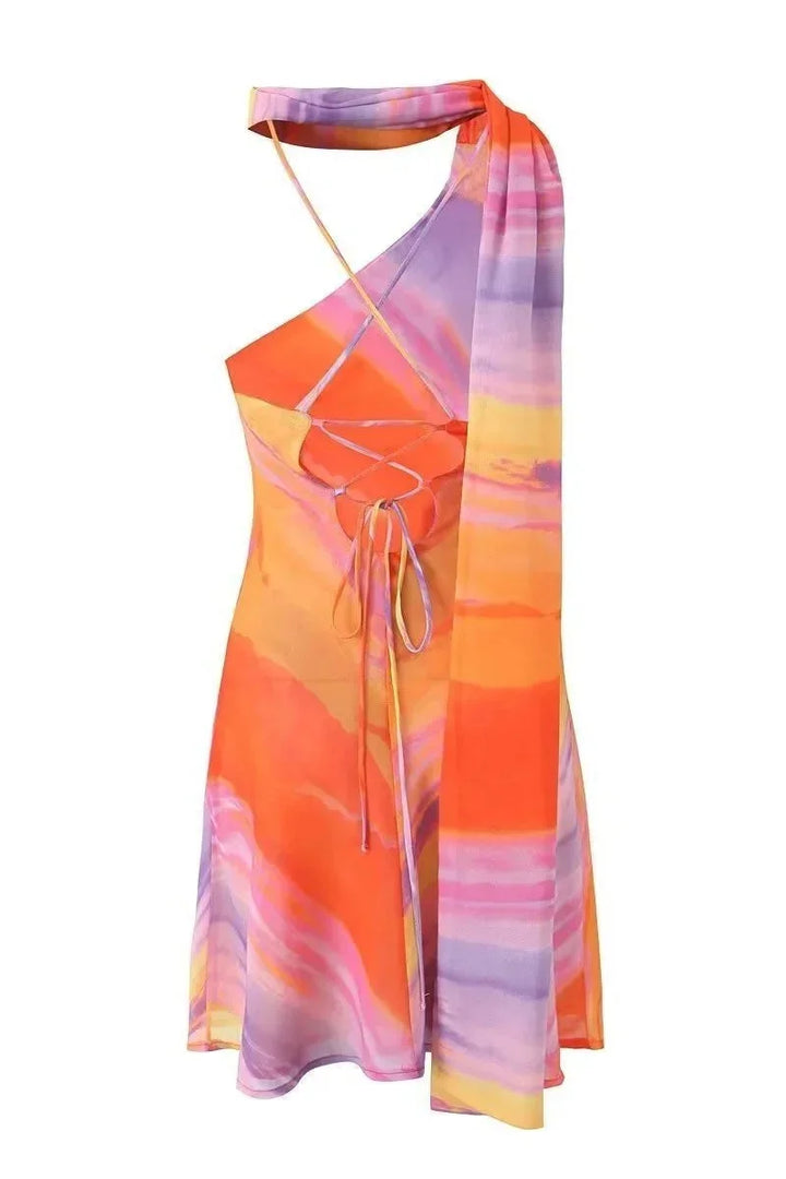 Damen Minikleid in Halfter-Form mit Sonnenuntergangsfarben – High-quality product image.