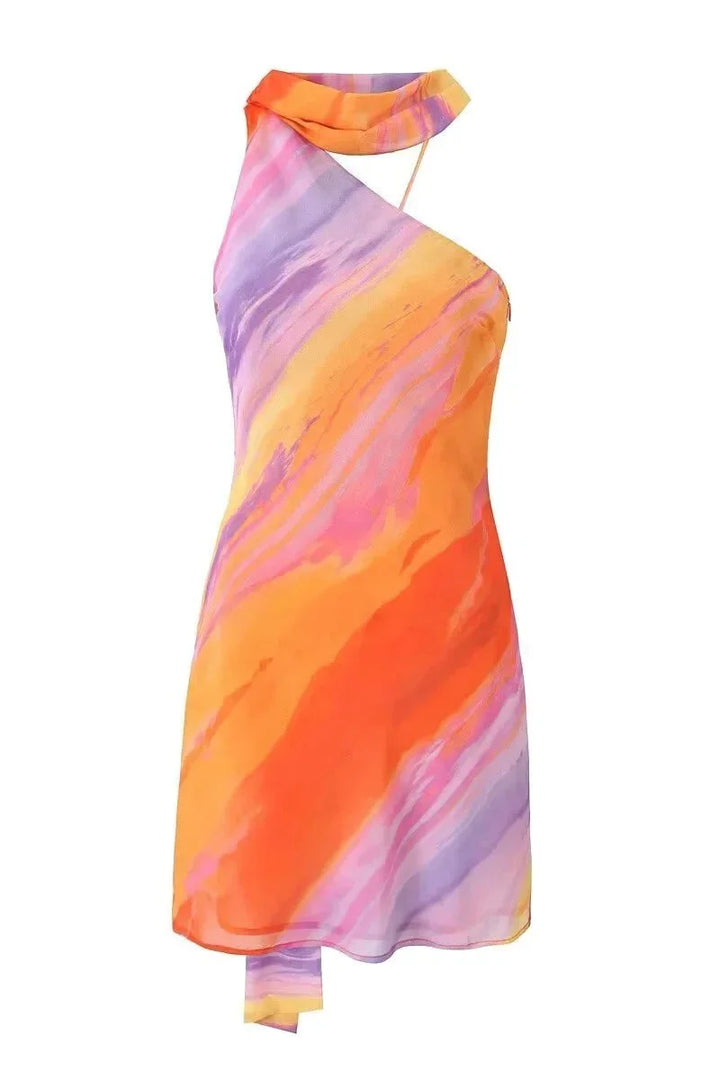 Damen Minikleid in Halfter-Form mit Sonnenuntergangsfarben – High-quality product image.