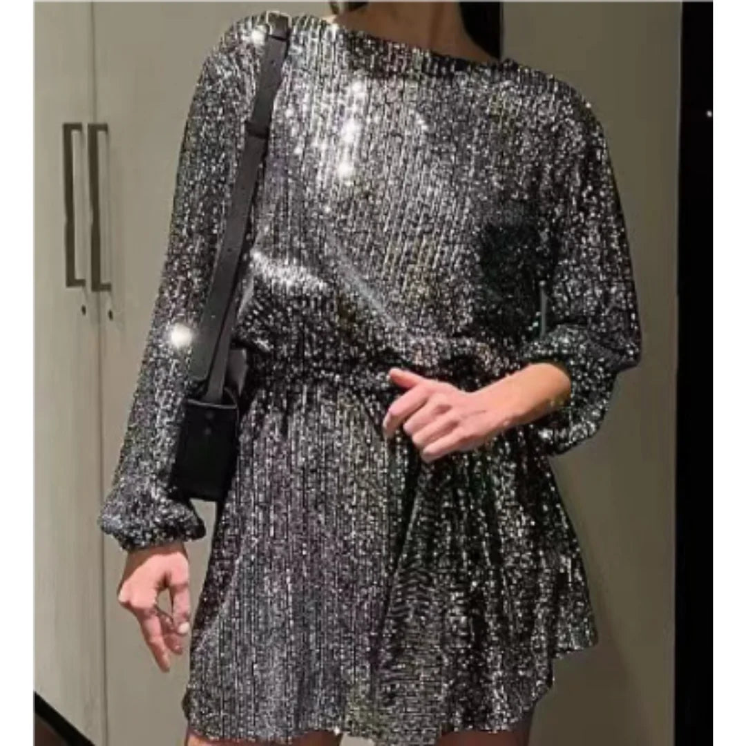 Damen Minikleid in Grau mit Glitzer-Effekt und Ballonärmeln, aus weichem Stoff, perfekt für elegante Abendveranstaltungen.