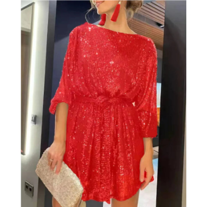 Rotes Minikleid für Damen mit glitzerndem Effekt und auffälligen Ballonärmeln aus angenehmem Stoff.