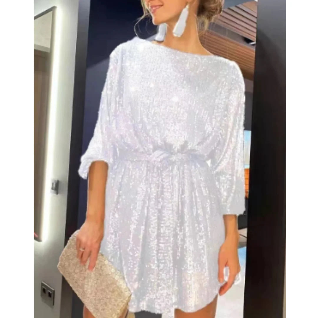 Damen Minikleid mit Glitzer-Effekt und Ballonärmeln in Weiß, raffiniertes Design, glitzernder Stoff und trendige Ballonärmel.