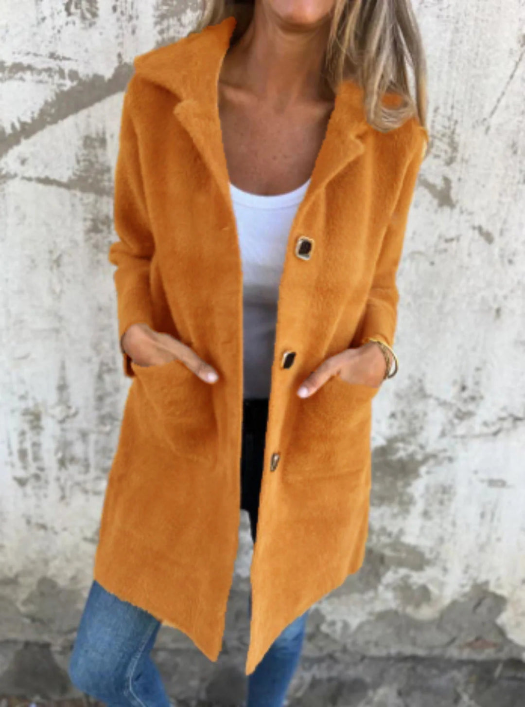 Damen Mittellanger grober orange Mantel mit Knopfleiste, aus strapazierfähigem Material, lässiger Schnitt und praktischen…