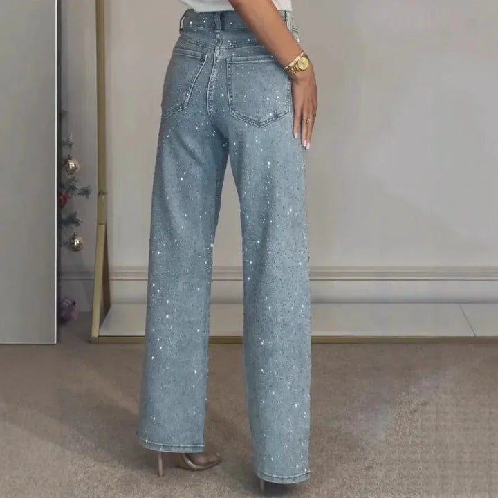 Damen Mom-Jeans aus Baumwolle mit funkelndem Detail und geradem Schnitt, ideal für lässige Anlässe und bequemen Sitz.