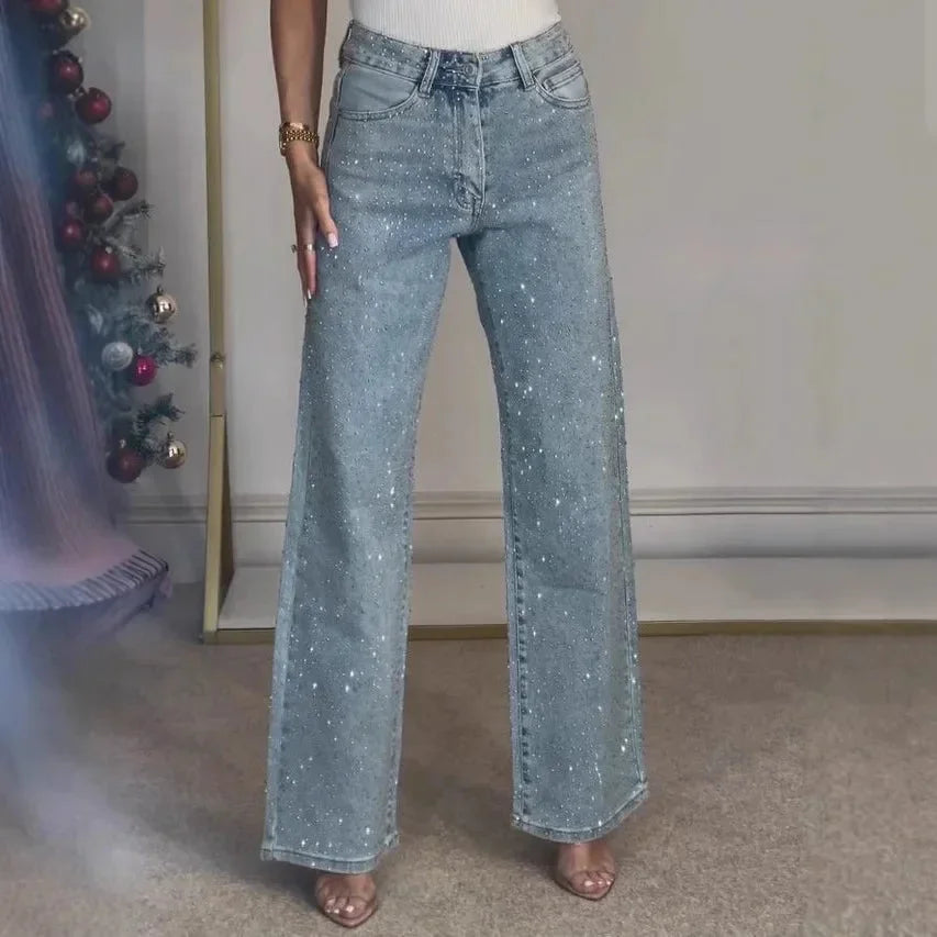 Damen Mom-Jeans aus Baumwolle mit funkelnden Details und geradem Schnitt für einen lässigen Look.