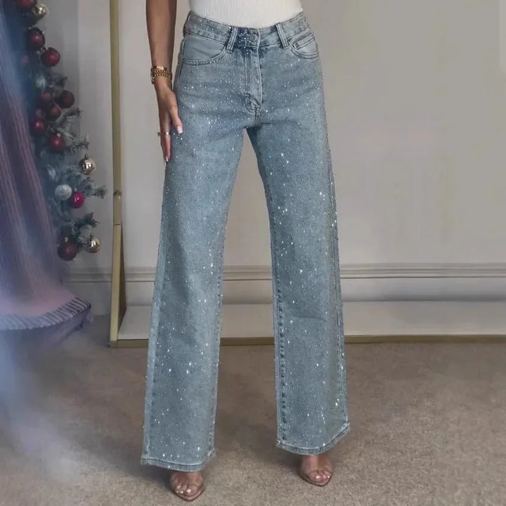 Damen Mom-Jeans aus Baumwolle mit funkelnden Details und geradem Schnitt für einen lässigen Look.