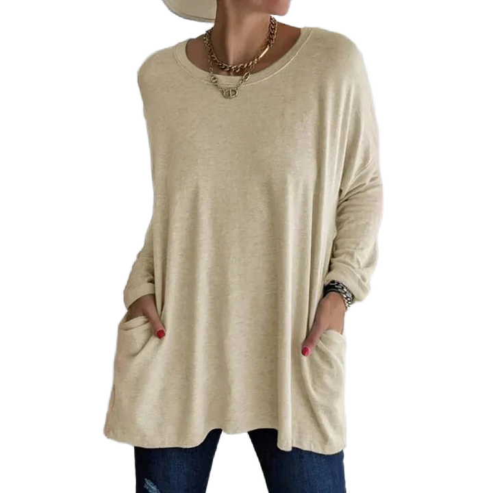 Damen Pullover in Khaki aus weichem Material, mit Taschen und Rundhalsausschnitt für einen lässigen Look.
