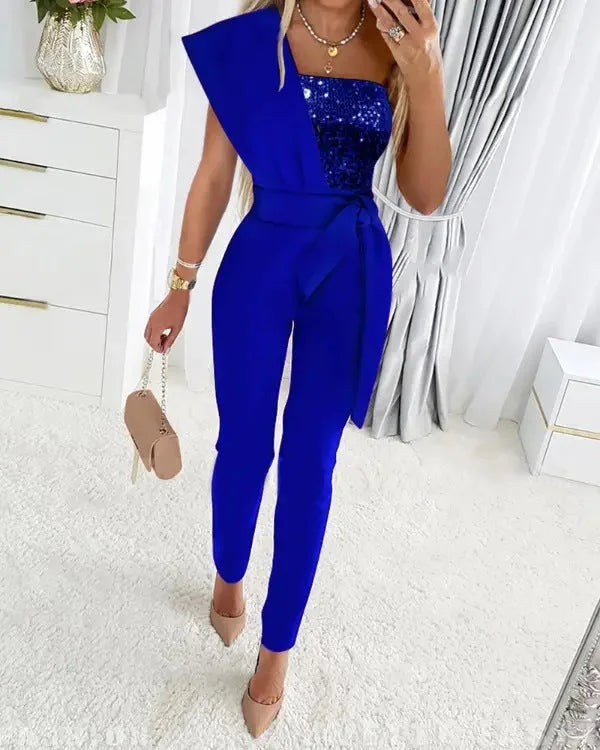 Blauer Damen Overall mit Pailletten-Oberteil, Gürtel, und weichem Stoff für festliche Anlässe oder elegante…