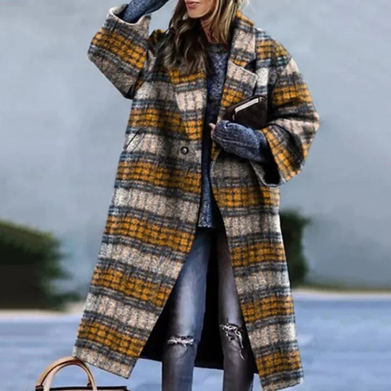 Damen Oversize Mantel mit Karomuster und Knopfverschluss