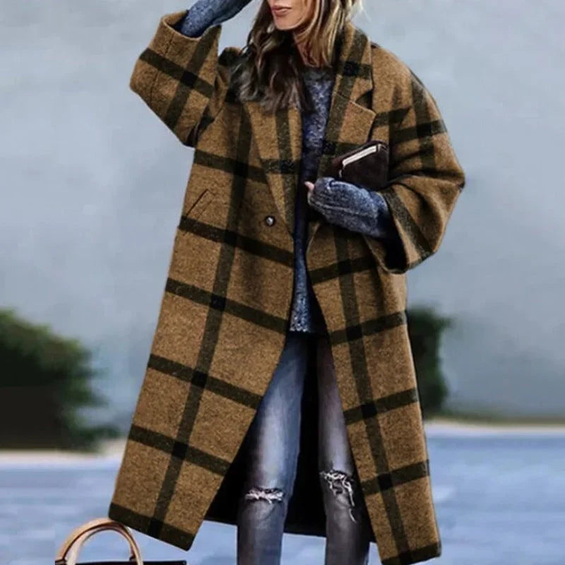 Damen Oversize Mantel mit Karomuster und Knopfverschluss