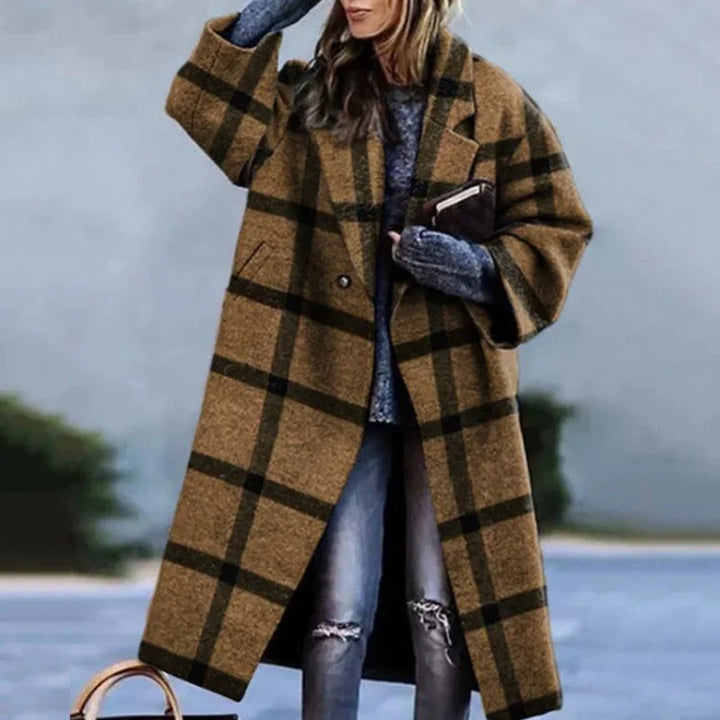 Damen Oversize Mantel mit Karomuster und Knopfverschluss