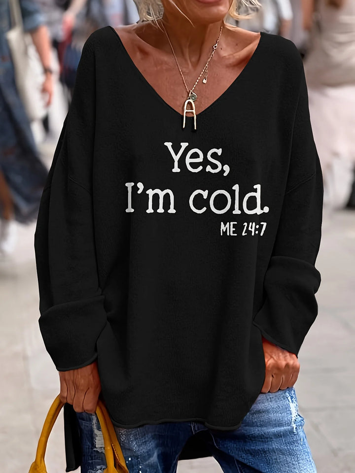 Schwarzer Damen Oversize-Pullover mit V-Ausschnitt, Statement-Print aus weichem Baumwollgemisch für lässigen Stil.