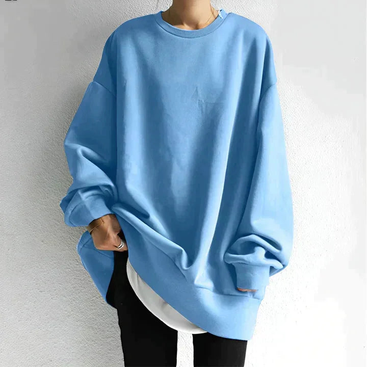 Hellblaues Damen Oversize Sweatshirt, Rundhalsausschnitt, lange Ärmel, aus weichem Baumwollmischgewebe, lässiger Schnitt.