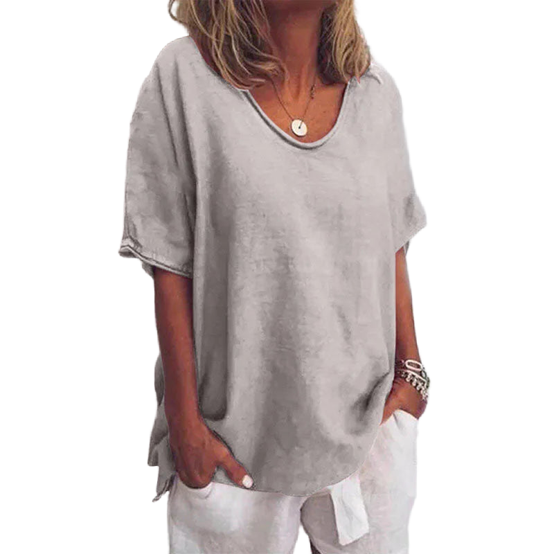 Damen Oversize Kurzarm-Bluse in Grau mit V-Ausschnitt, lässig geschnitten, aus angenehmem Material, perfekt für lässige…