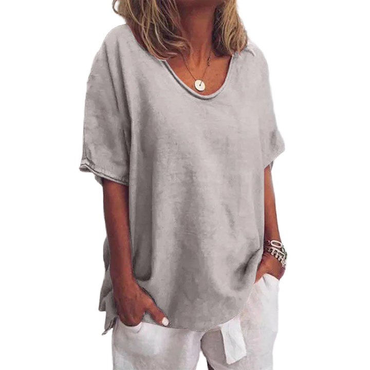 Damen Oversize Kurzarm-Bluse in Grau mit V-Ausschnitt, lässig geschnitten, aus angenehmem Material, perfekt für lässige…