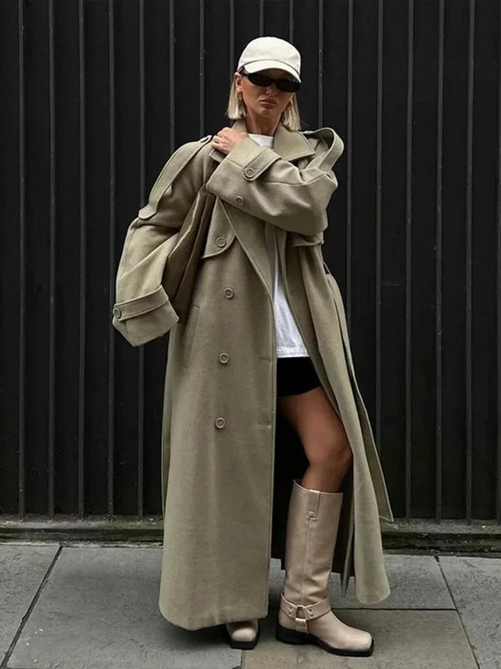 Oversize Trenchcoat für Damen mit breitem Revers aus leichtem Stoff, ideal für Übergangszeiten und lässige Looks.