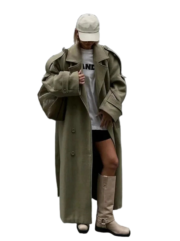 Olivgrüner Damen Oversize Trenchcoat mit breiten Revers, leichtes Material, taillierte Passform, perfekte Frühlingsjacke.