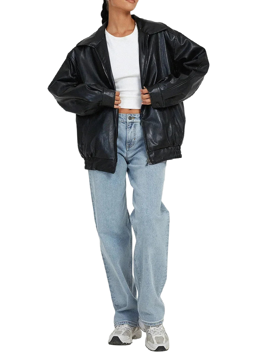 Damen Oversized Bomberjacke aus Kunstleder mit Reißverschluss, lässiges Design und praktische Taschen, ideal für den Alltag.