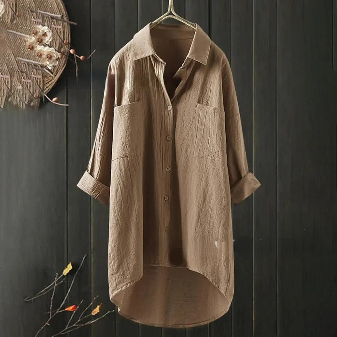 Khaki Damen Oversized-Hemd mit Brusttasche und Kurzarm, aus leichtem Stoff, lässiger Schnitt, ideal für den lässigen…