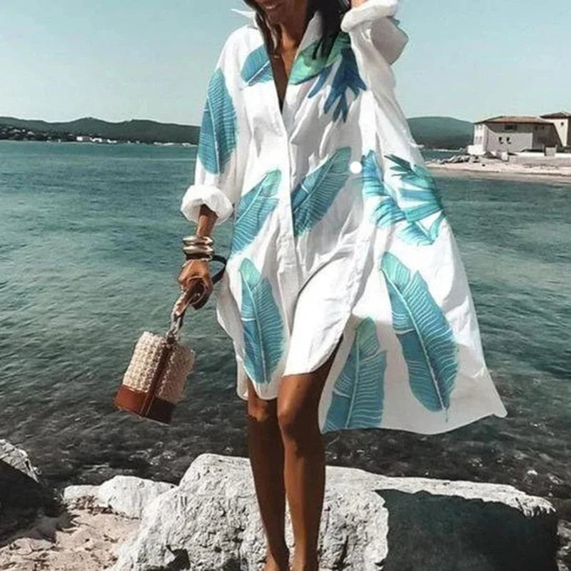 Blau bedrucktes Damen Oversized Hemdkleid für den Sommer, aus leichtem Stoff, lockere Passform, knieumspielend, ideal für…