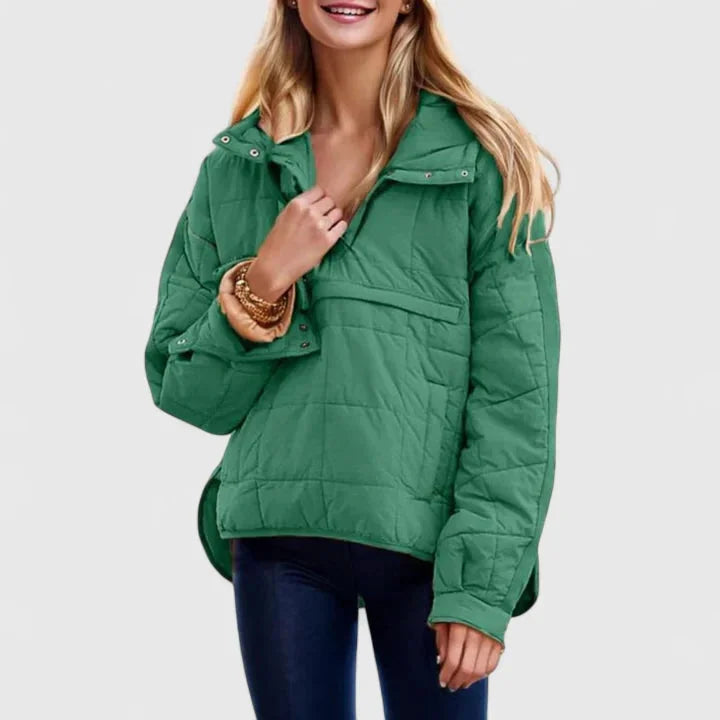 Damen oversized Kapuzenpulloverjacke in Grün, wasserabweisend, mit bequemen Schnitt und praktischen Kängurutaschen.