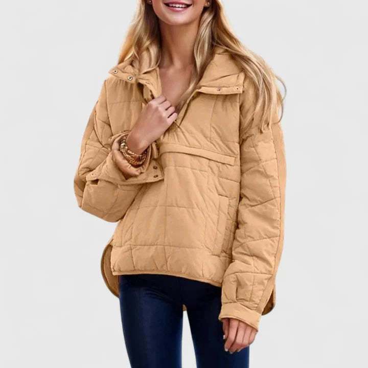 Hellbrauner Damen Oversized Kapuzenpulloverjacke aus wasserabweisendem Material mit großzügiger Passform und praktischen…