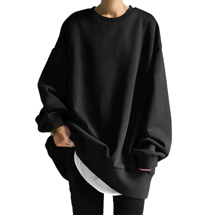 Schwarzes Damen Oversize Sweatshirt aus weichem Baumwollmix mit Rundhalsausschnitt und langen Ärmeln, lässiger Schnitt.