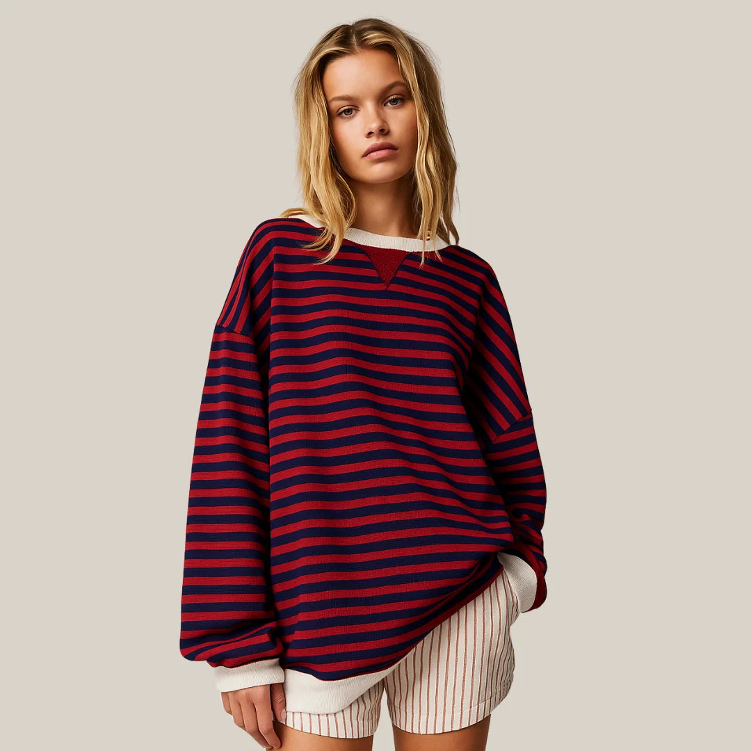 Damen Oversized Strickpullover mit Schwarz-Rotem Streifenmuster, aus weichem Material, lässigem Schnitt und bequemen…
