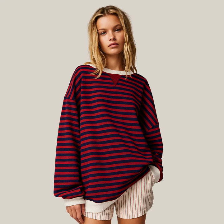 Damen Oversized Strickpullover mit Schwarz-Rotem Streifenmuster, aus weichem Material, lässigem Schnitt und bequemen…