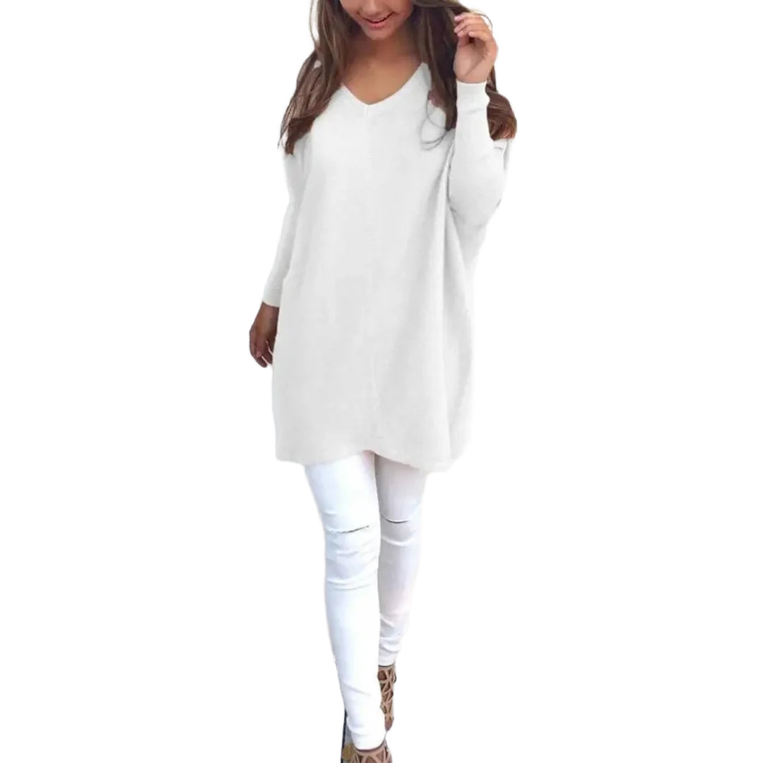 Damen Oversized V-Ausschnitt Pullover in Weiß, aus weichem, atmungsaktivem Material mit lässigem Design und lockerer…