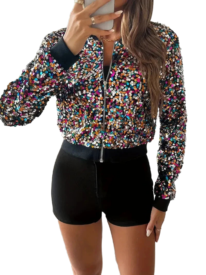 Damen Pailletten Bomberjacke mit Reißverschluss